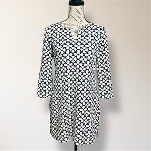 Barbara Gerwit M Black White Geometric Print Tunic Top 3/4 Sleeve Retro Travel